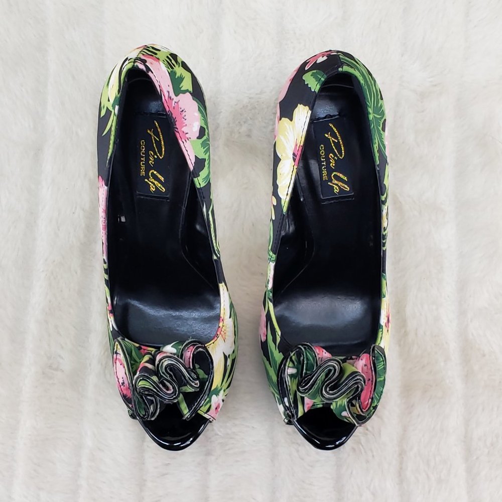 Tropical Floral Open Toe Ruffle Detail Platform Pumps Shoes - Picture 11 of 14